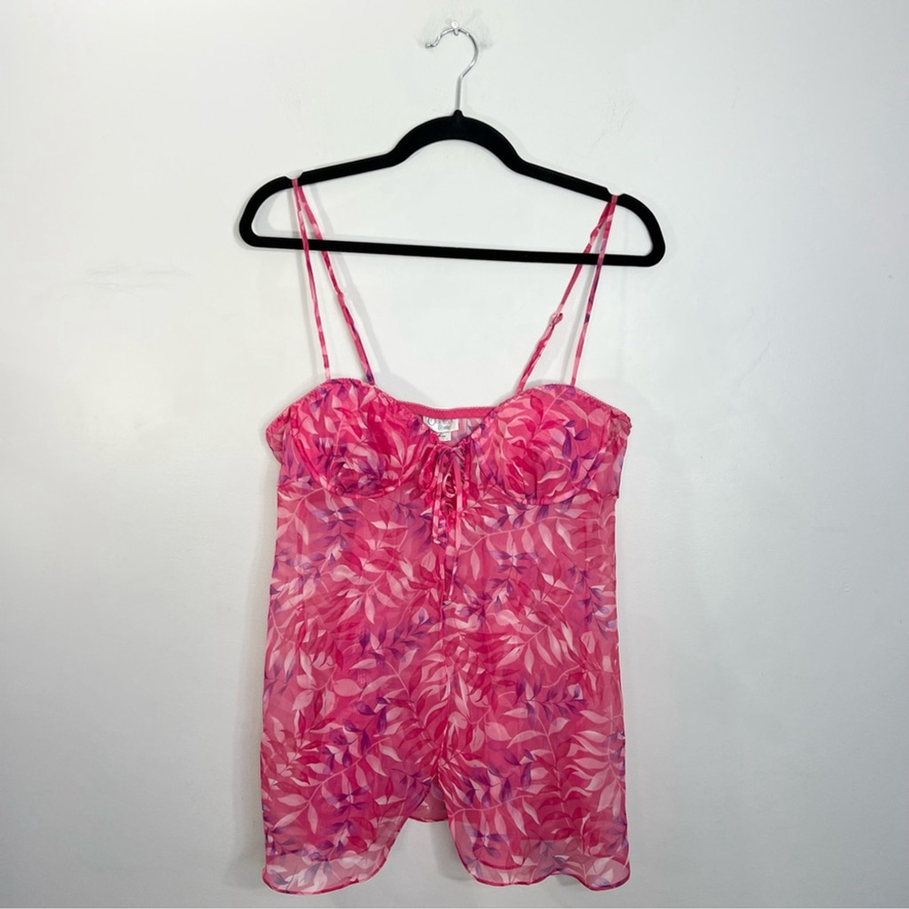Vintage 90s pink purple leaf print chiffon lace up bustier chemise nighty M - Picture 6 of 17